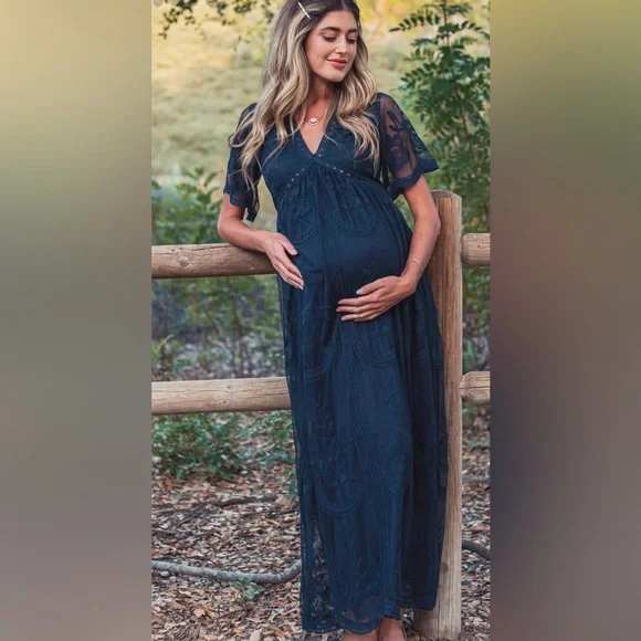 PinkBlush Navy Blue Lace Mesh Overlay Maternity Maxi Dress Small